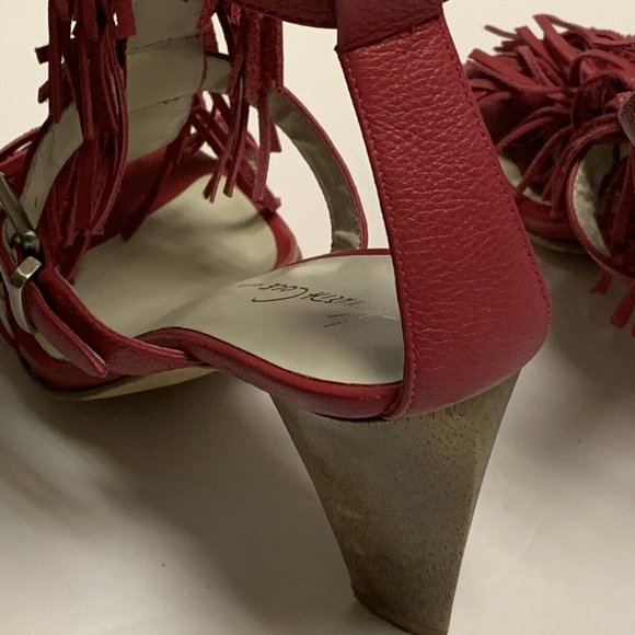 Kenneth Cole Pink Fuchsia Leather Fringe Wood Heels Sandals Sz 8M Ankle Straps - Picture 4 of 9